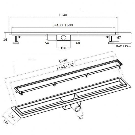 Caniveau de douche et grille pour caniveau Modèle en S, (100cm